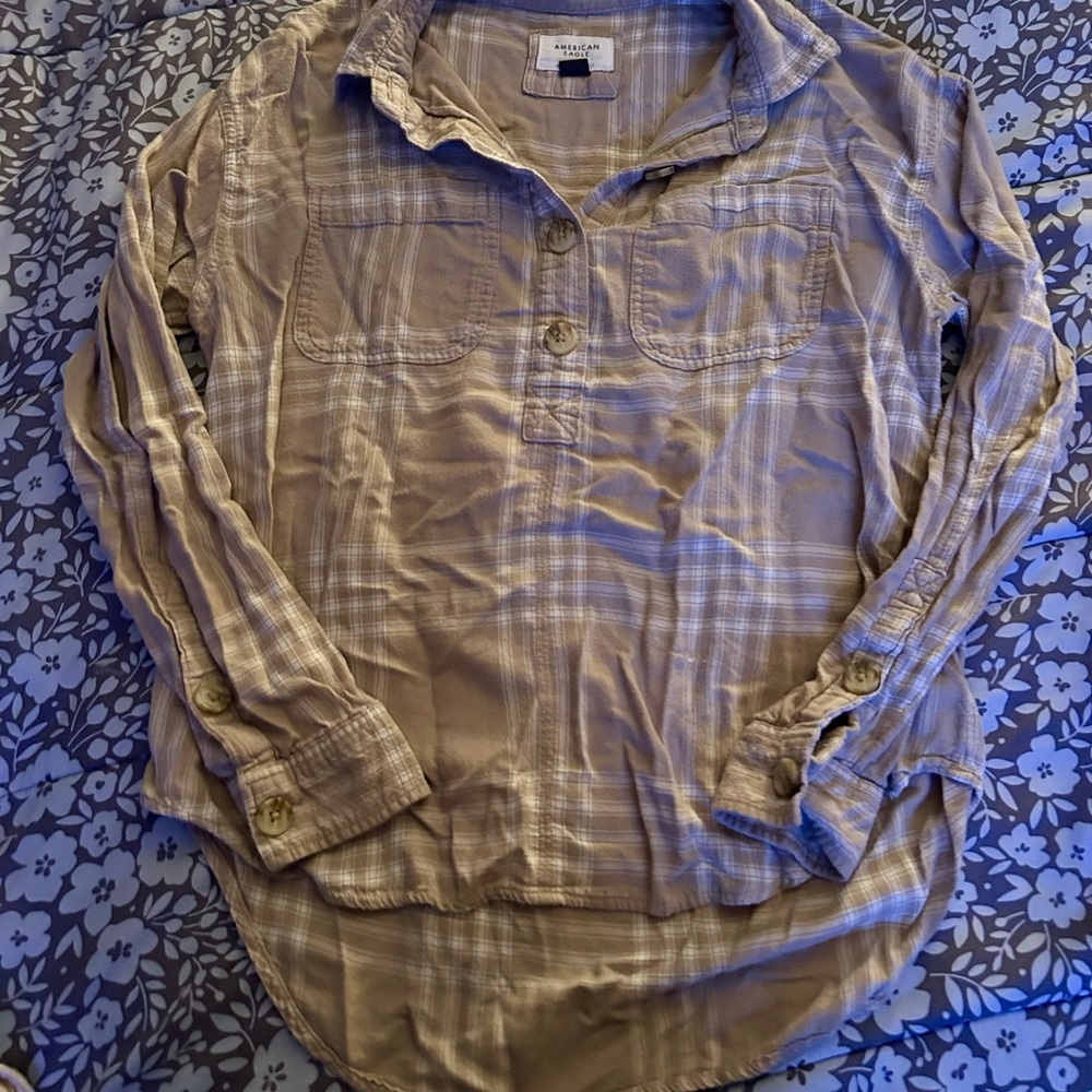 American Eagle Outfitters Beige Plaid Button Down Shirt